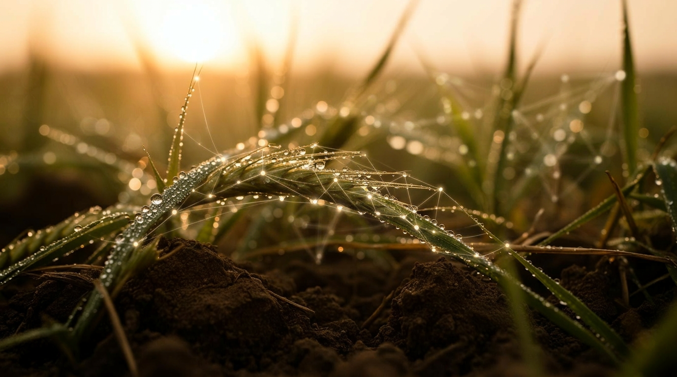 Dew on grass at sunrise — the ground Opus Ecos engineers